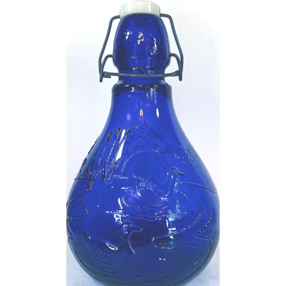 Vtg Italy cobalt Blue Glass jug decanter flip lid Embossed church Horse duck pon